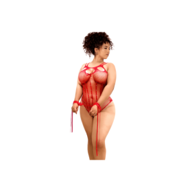 Body en résille rouge grande taille, orné de strass avec menottes assorties – Mapalé